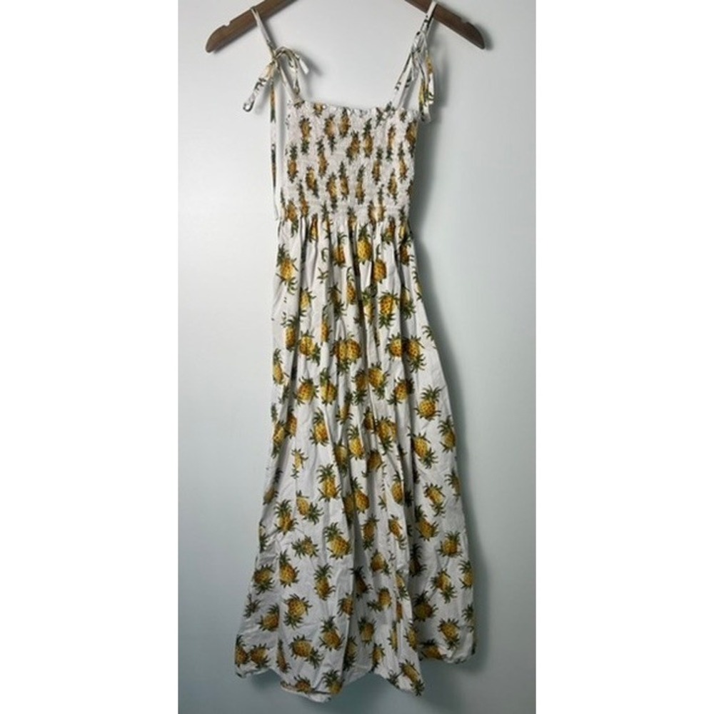 Hawaii Station Pineapple Print Smocked Cotton Midi Dress White Yellow One Size